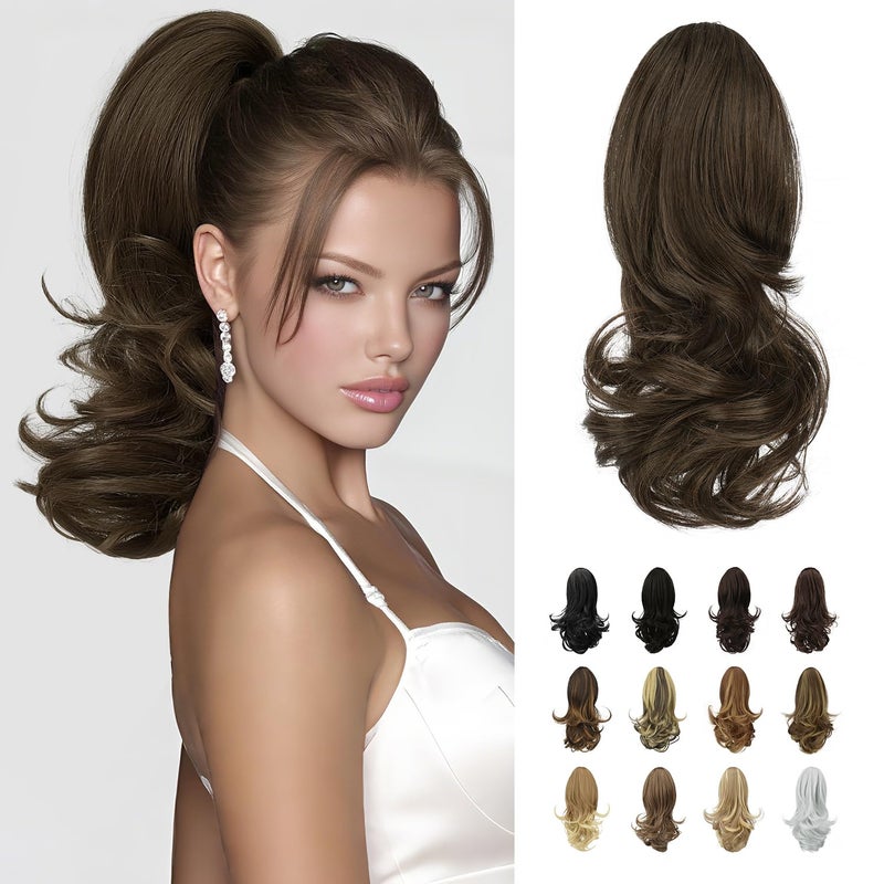 SOFEIYAN 13" Ponytail Extension Long Curly Ponytail Clip in Claw Hair Extension Natural Looking Synthetic Hairpiece for Women, Brown & Light Auburn Mixed - Image 1